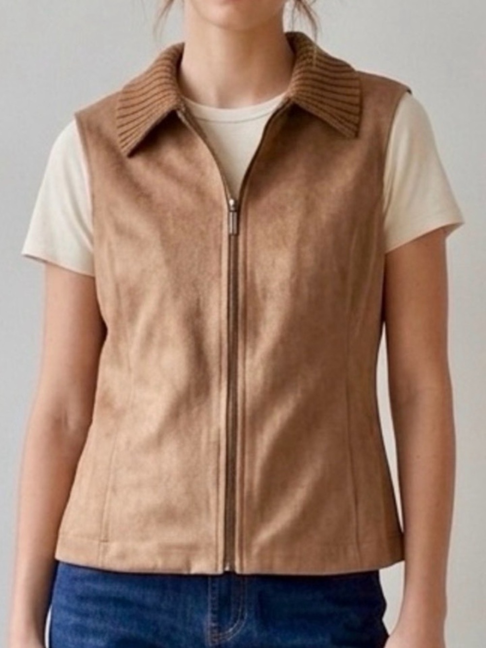 Y2K VTG Jennifer Moore Vest L Tan Faux Suede Granola Western Heritage ButterMom
